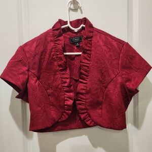 Dressbarn Ruffle Collar Deep Red Floral Cropped Blazer